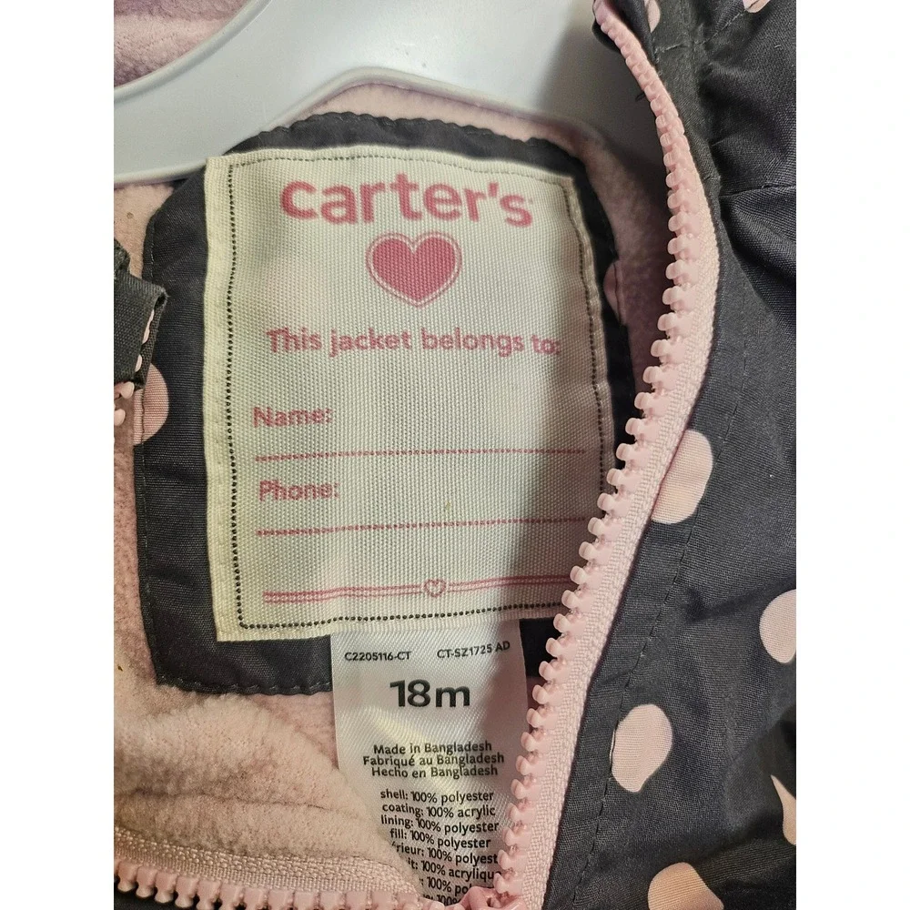 Carters 18M Girls Polka Dot Hooded Jacket Gray Pink Bows Fleece Lined 1001